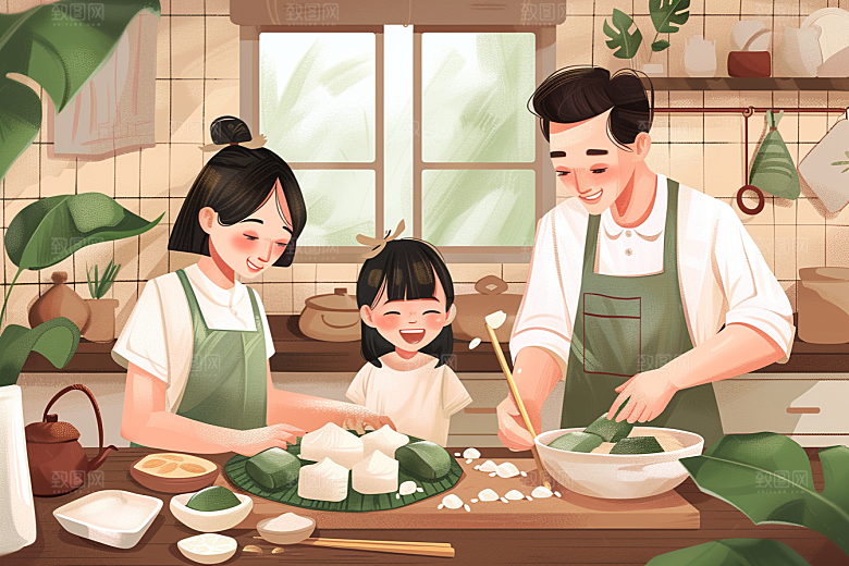 端午包粽子幸福粽叶插画