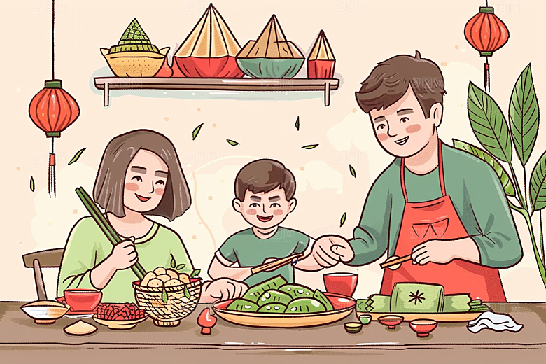 端午包粽子美食温馨插画