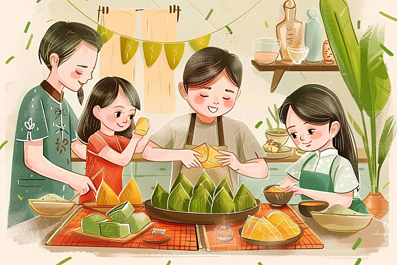 端午包粽子粽叶习俗插画