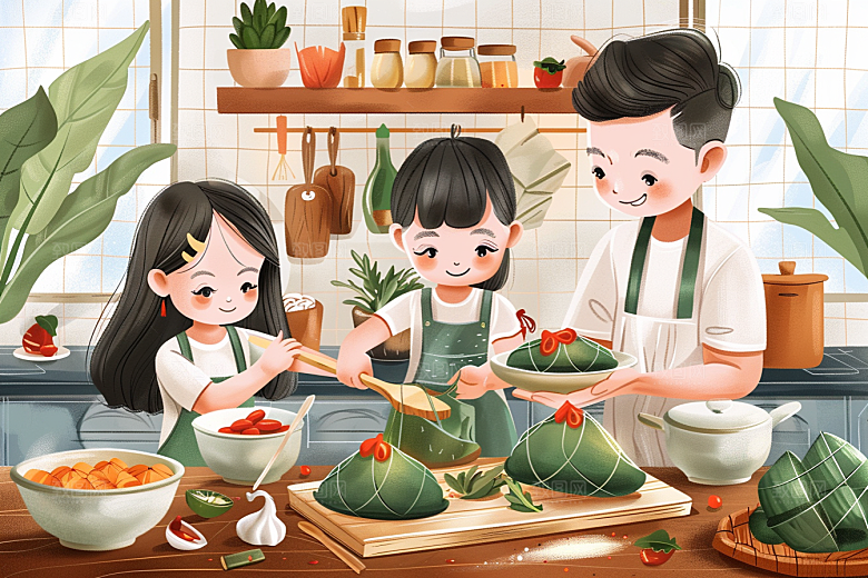 端午包粽子阖家团聚糯米插画
