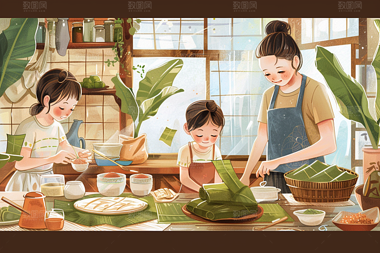 端午包粽子温馨阖家团聚插画