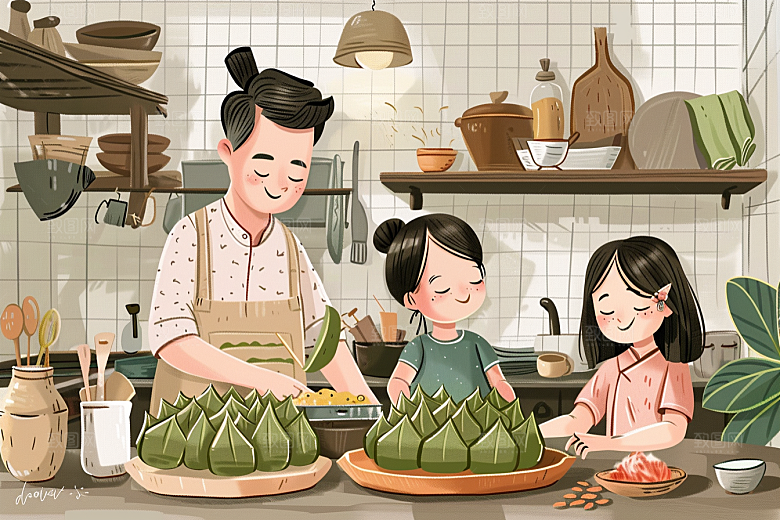 端午包粽子幸福糯米插画