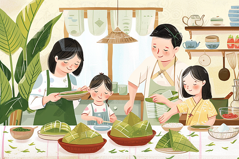 端午包粽子小吃美食插画