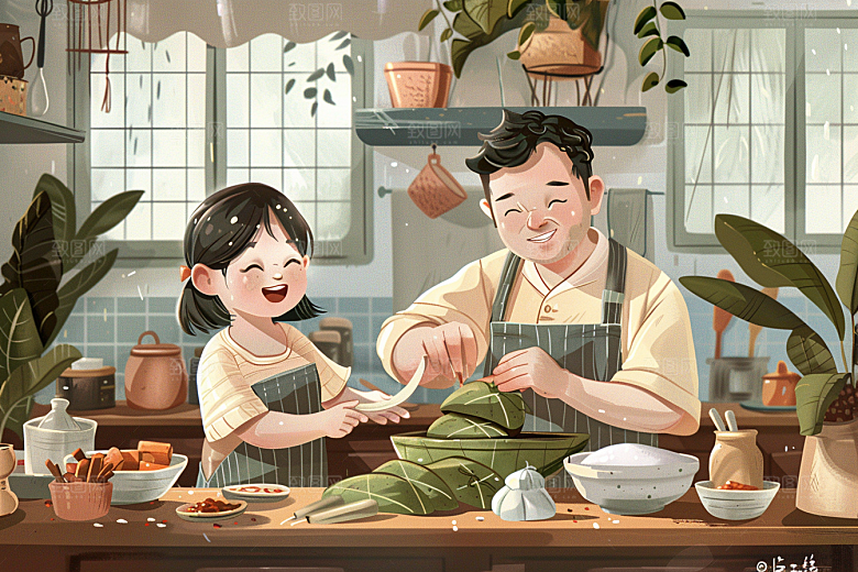 端午包粽子节日美食插画