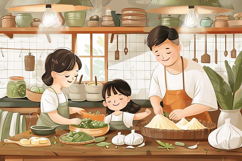 端午包粽子粽叶阖家团聚插画