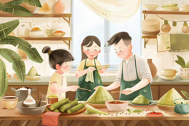 端午包粽子阖家团聚习俗插画