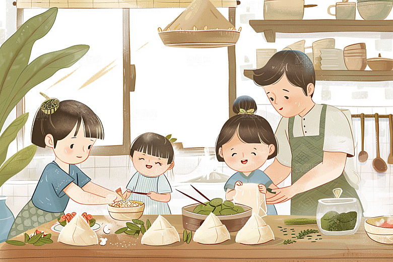 端午包粽子幸福阖家团聚插画