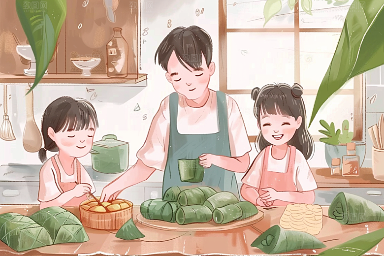 端午包粽子美味阖家团聚插画