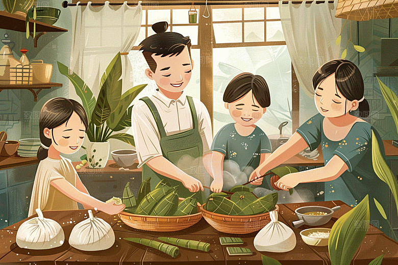 端午包粽子糯米传统文化插画