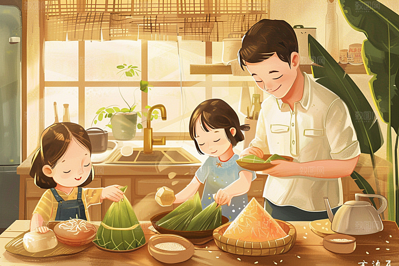 端午包粽子节日氛围幸福插画