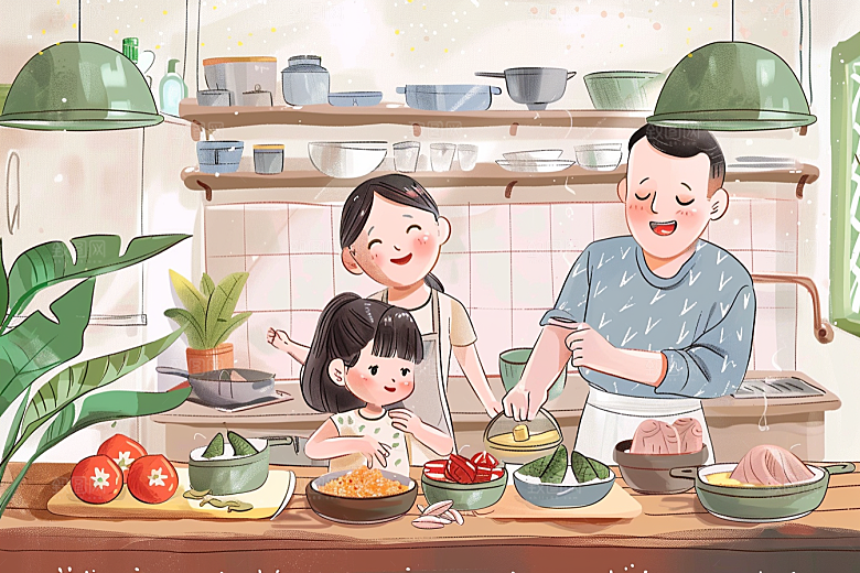 端午包粽子阖家团聚美味插画