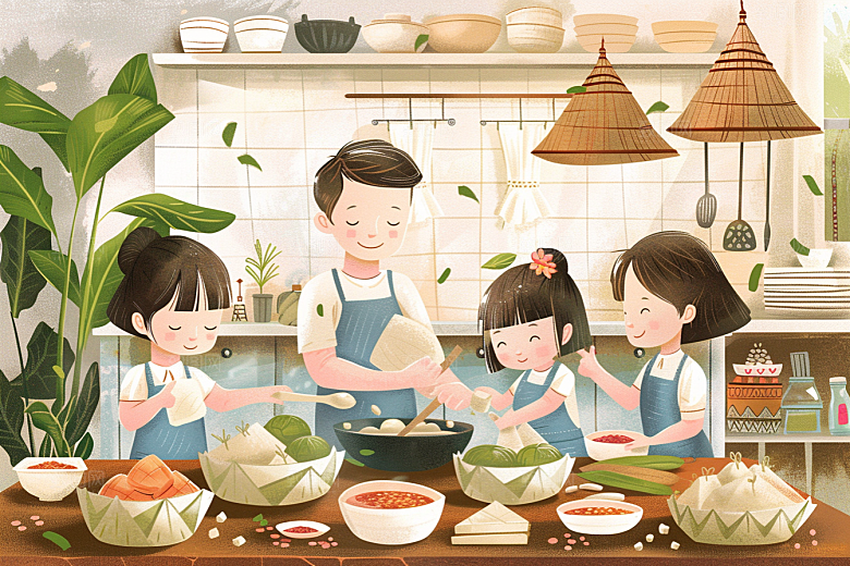 端午包粽子糯米美食插画