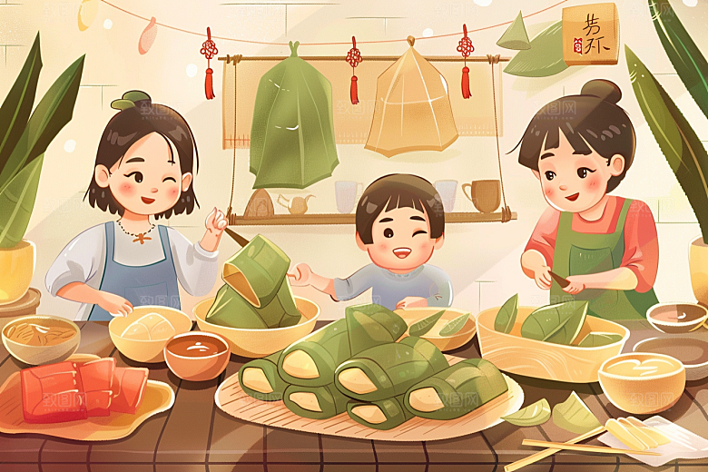 端午包粽子手绘传统文化插画