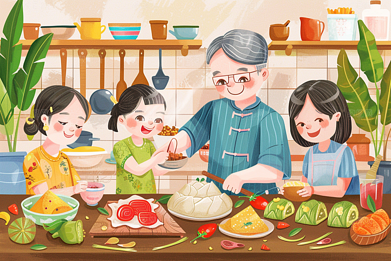 端午包粽子粽叶节日氛围插画