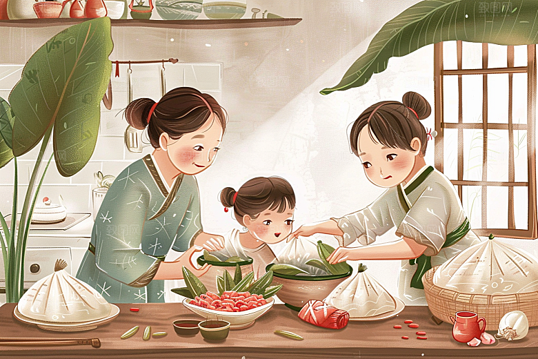 端午包粽子糯米阖家团聚插画