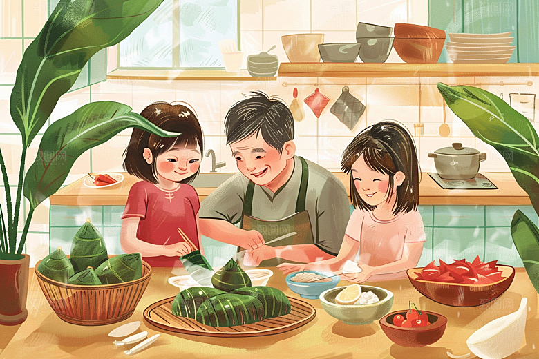 端午包粽子美食小吃插画