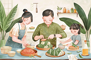 端午包粽子小吃传统文化插画
