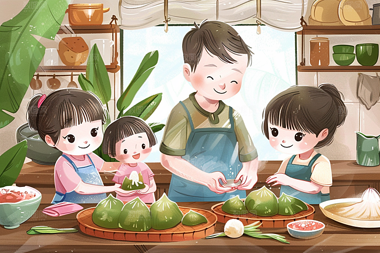 端午包粽子节日高清插画