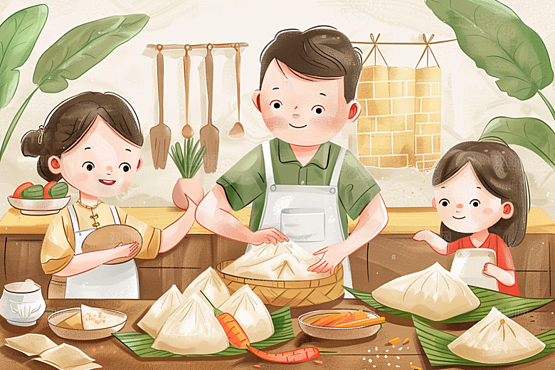 端午包粽子糯米幸福插画