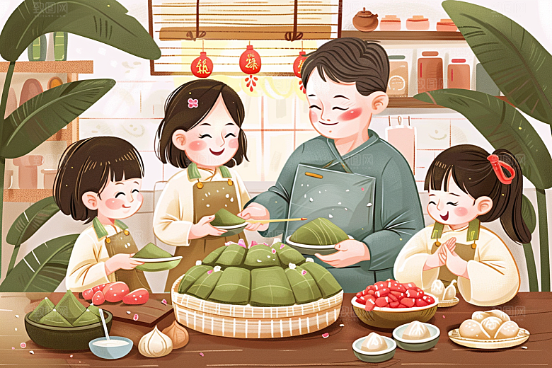 端午包粽子节日粽叶插画