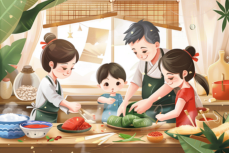端午包粽子节日氛围习俗插画