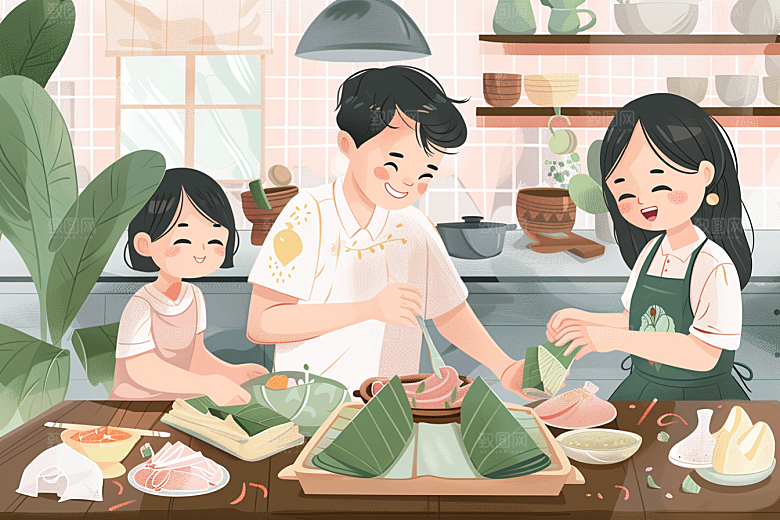 端午包粽子美食幸福插画