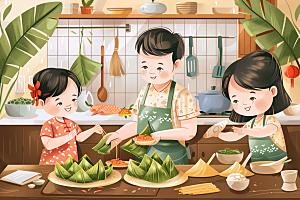 端午包粽子习俗传统文化插画