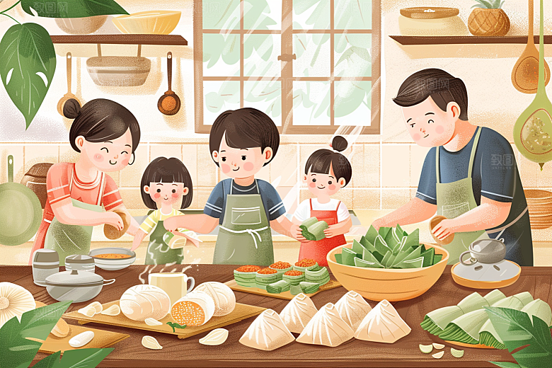 端午包粽子美味高清插画