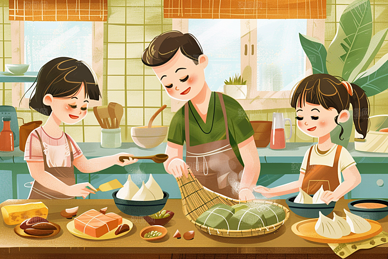 端午包粽子习俗节日插画