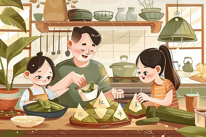 端午包粽子阖家团聚端午节插画