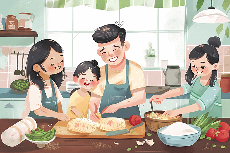 端午包粽子阖家团聚美味插画