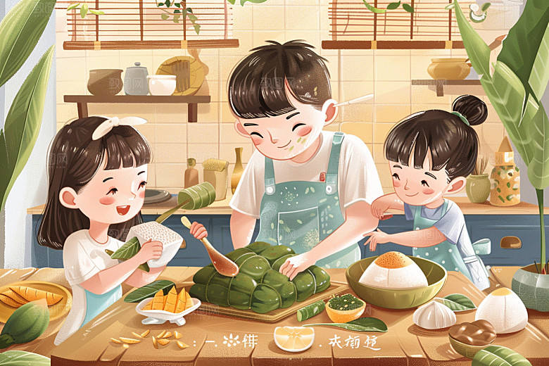 端午包粽子温馨美味插画