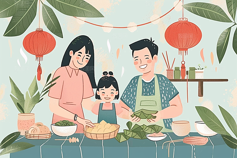端午包粽子温馨高清插画