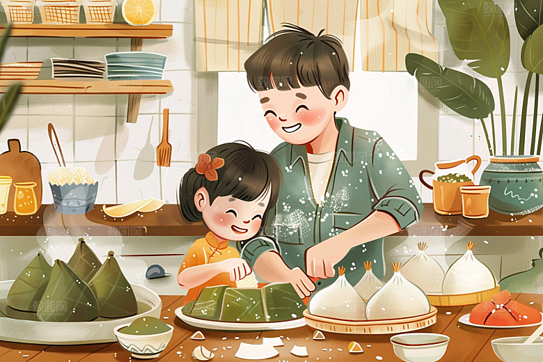 端午包粽子节日氛围手绘插画