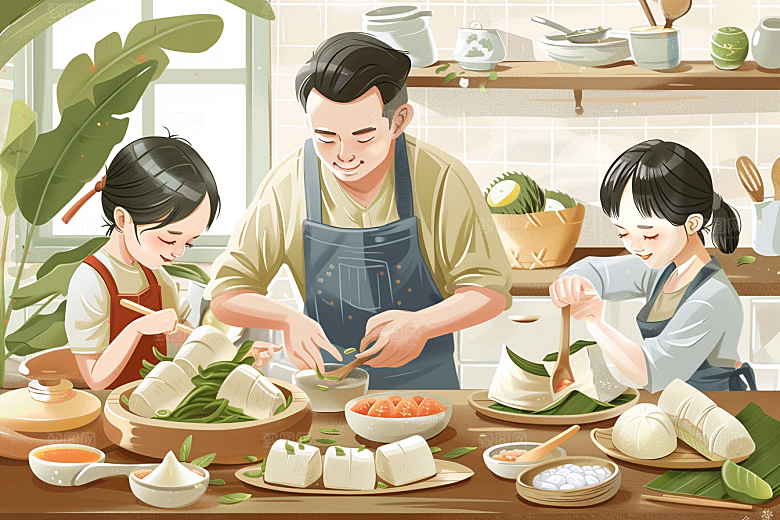 端午包粽子阖家团聚美食插画