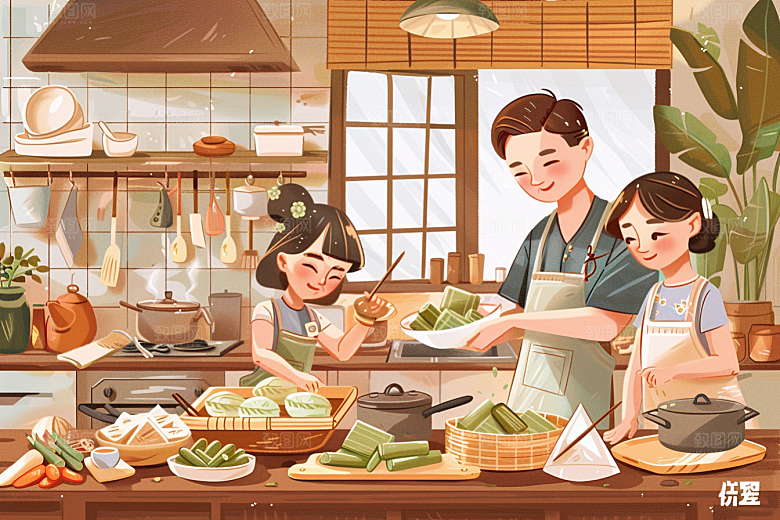 端午包粽子传统文化美食插画
