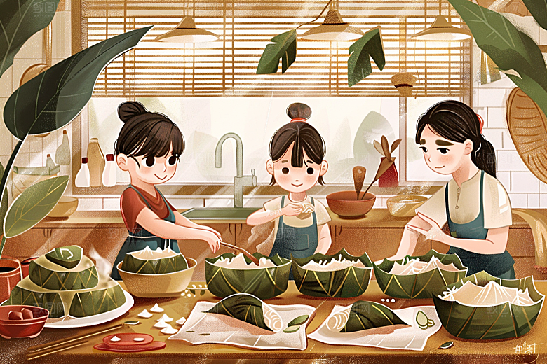 端午包粽子节日手绘插画