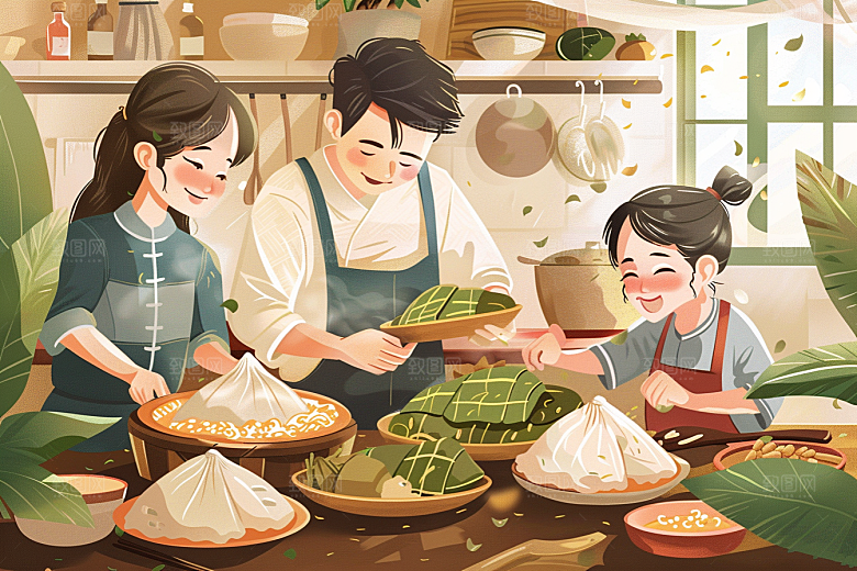 端午包粽子习俗糯米插画