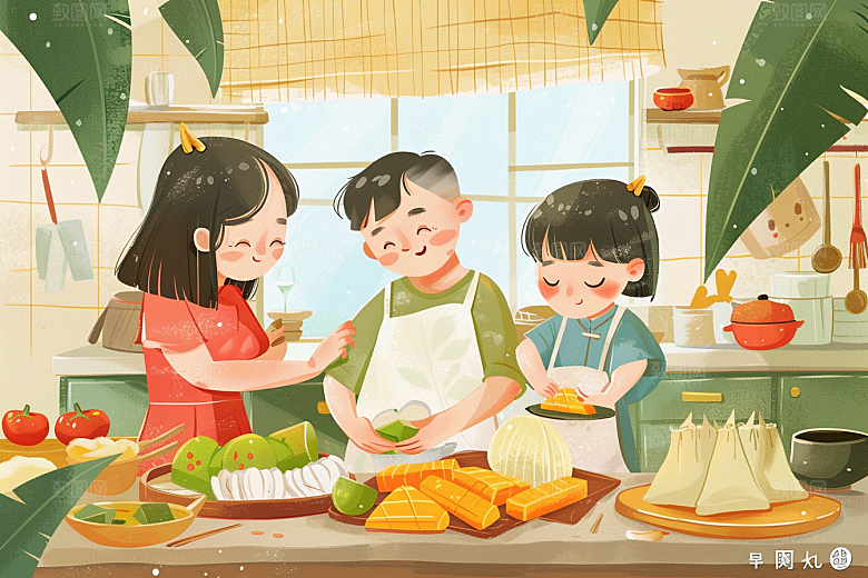 端午包粽子手绘习俗插画