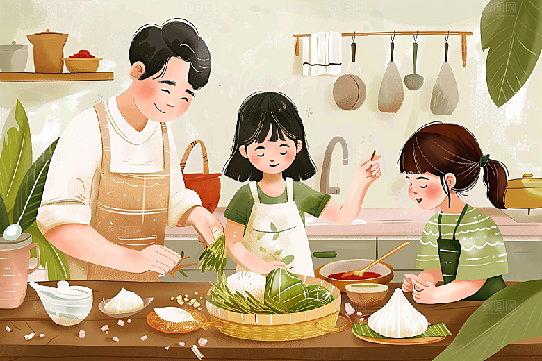 端午包粽子阖家团聚美味插画