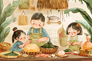 端午包粽子传统文化手绘插画
