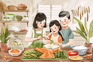 端午包粽子温馨节日氛围插画