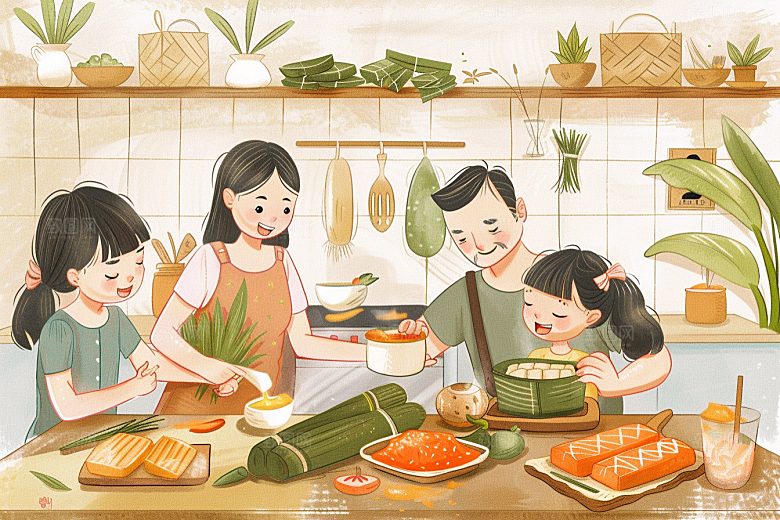 端午包粽子糯米幸福插画