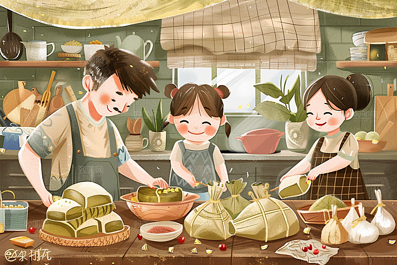 端午包粽子手绘粽叶插画