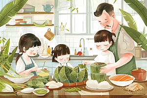 端午包粽子手绘习俗插画