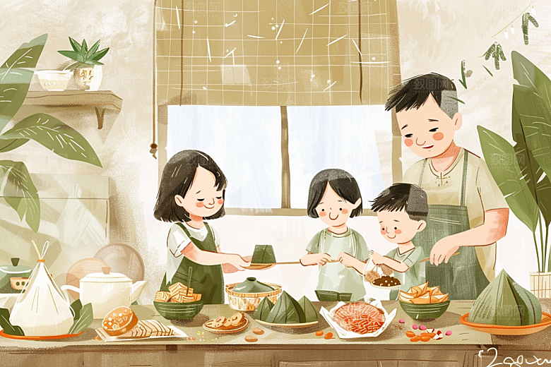 端午包粽子手绘幸福插画
