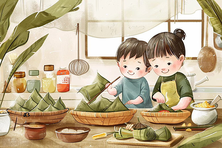 端午包粽子端午节小吃插画