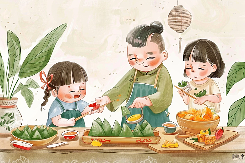 端午包粽子手绘高清插画