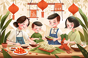端午包粽子习俗糯米插画