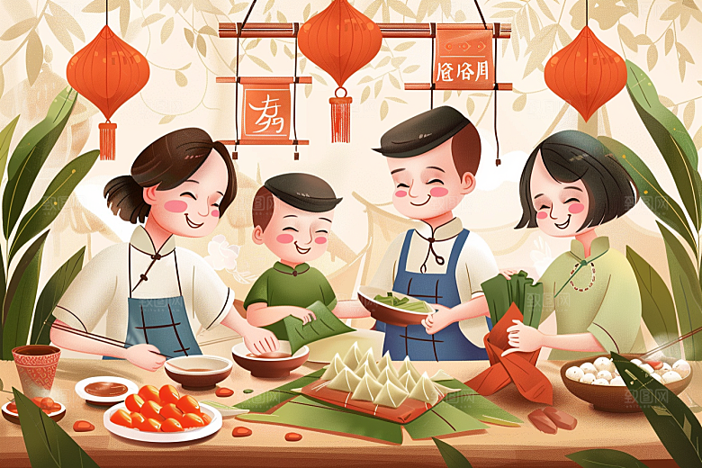 端午包粽子习俗糯米插画